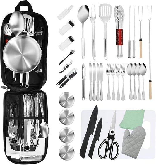 Essential Camping Utensils Set, Campers Mess Gear Kit, Portable Stainless Steel Kitchen Accessories, Must Have Car Travel Cutlery, Cookware Cooking Tools Equipment, Outdoor Survival for Men and Women