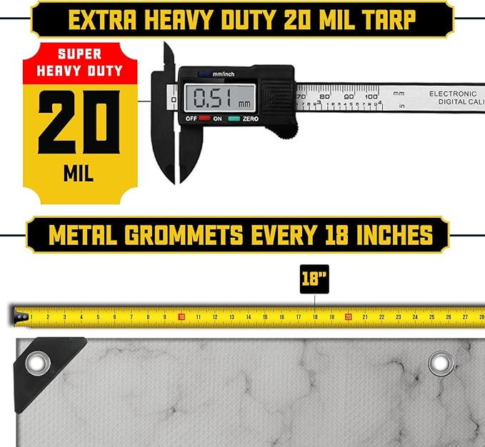 Core Tarps Extreme Heavy Duty 20 Mil Tarp Cover, Waterproof, UV Resistant, Rip and Tear Proof, Poly Tarpaulin with Reinforced Edges for Roof, Camping, Patio, Pool, Boat (Marble/White 18′ X 24′)