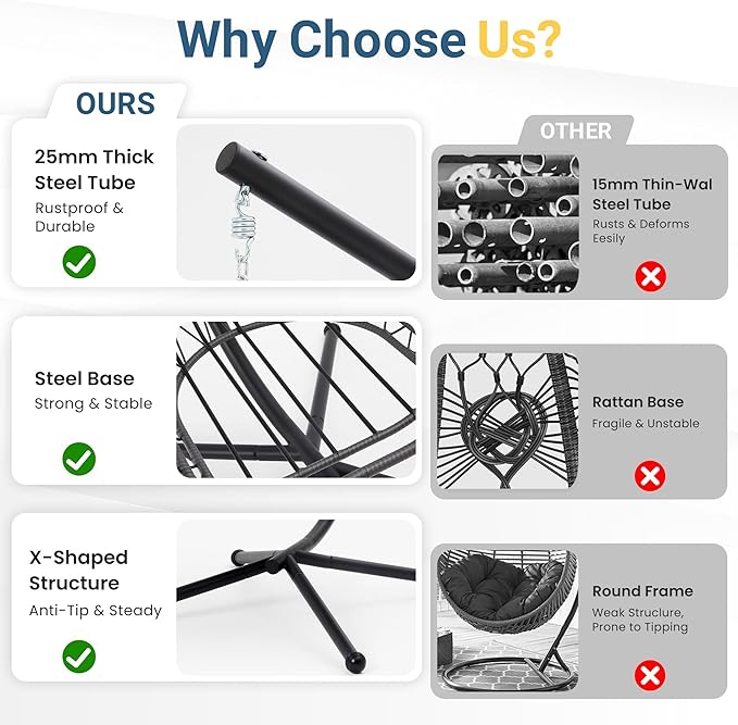 RoyalCraft Hanging Egg Chair Outdoor Swing Chair with Stand, Hammock Chair Indoor, Patio Boho Wicker Hanging Chair with Stand 350lbs Capacity for Garden, Balcony, Bedroom, Black & Gray