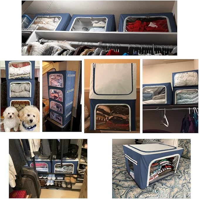 Clothes Storage Box Bins Stackable Foldable Organizer,Sturdy Handles with Metal Frame for Clothing Bedding Shelves,Closet Container with Clear Window Zipper and Label Holder (Navy, 40L x3 Pack)