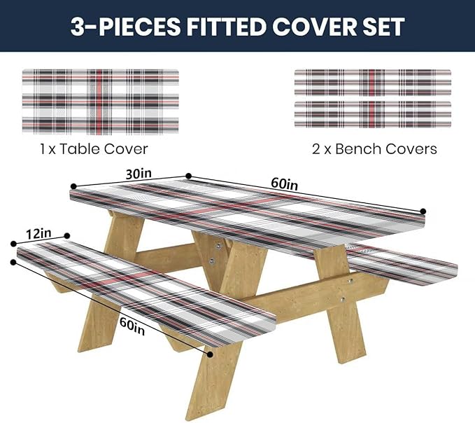 CAPSCEOLL Elastic Picnic Table Cover with Bench Covers 5Ft Waterproof Fitted Picnic Table Cover Cloths for Outdoors Camping Tablecloth with Drawstring Bag, 60X30in, Grey Red