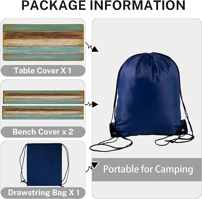 CAPSCEOLL Picnic Table Cover with Bench Covers Waterproof Camping Tablecloth All-Weather Outdoor Table Protector with Drawstring Bag for Camping Essentials, 72X30in, Blue Brown Wood
