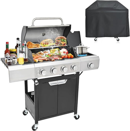 4-Burner BBQ Propane Gas Grill with Side Burner, 51,000 BTU Stainless Steel Patio Barbecue Grill with Waterproof Cover, Pull Out Grease Tray, For Camping, Outdoor Cooking (Style3)