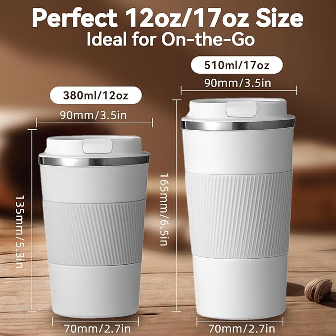 12OZ Travel Coffee Mug Insulated Coffee Cup with Spill Leak Proof Lid, Portable Stainless Steel Tumbler Reusable Hot and Cold Water Mug for Car, Daily, Camping- White