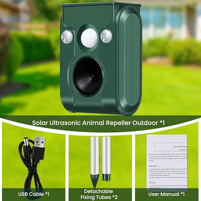 Cat Repellent Outdoor, Solar Ultrasonic Animal Repeller with Motion Sensor Flash Lights Waterproof Deer Repellent Devices Skunk Raccoon Squirrel Dog Cat Deterrent Outdoor for Garden Yard