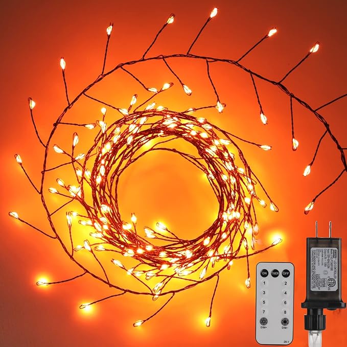 Halloween Fairy Lights Plug in, 10Feet 200 LEDs Firecracker String Lights with Remote, Cluster String Lights for Ceiling Bedroom Wreath Garland Window Bar Haunted Theme Halloween Decoration, Orange
