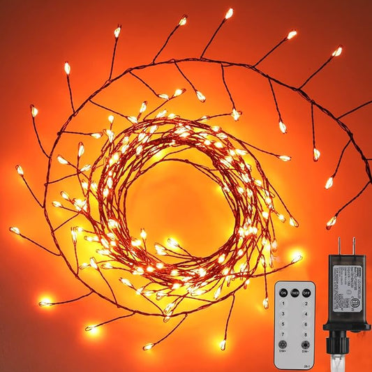 Halloween Fairy Lights Plug in, 10Feet 200 LEDs Firecracker String Lights with Remote, Cluster String Lights for Ceiling Bedroom Wreath Garland Window Bar Haunted Theme Halloween Decoration, Orange