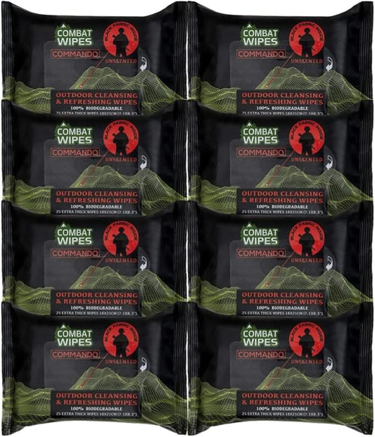 Black Unscented Camouflage Wet Wipes - Combat Wipes COMMANDO - Thick, Biodegradable, Heavy Duty Cleansing Cloths for Camping, Military, Hunting & Backpacking w/Aloe & Vitamin E (8 Pack, 200 wipes)