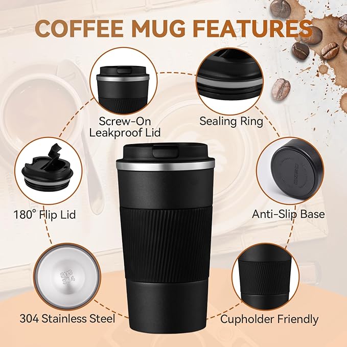 12OZ Travel Coffee Mug Insulated Coffee Cup with Spill Leak Proof Lid, Portable Stainless Steel Tumbler Reusable Hot and Cold Water Mug for Car, Daily, Camping-Black