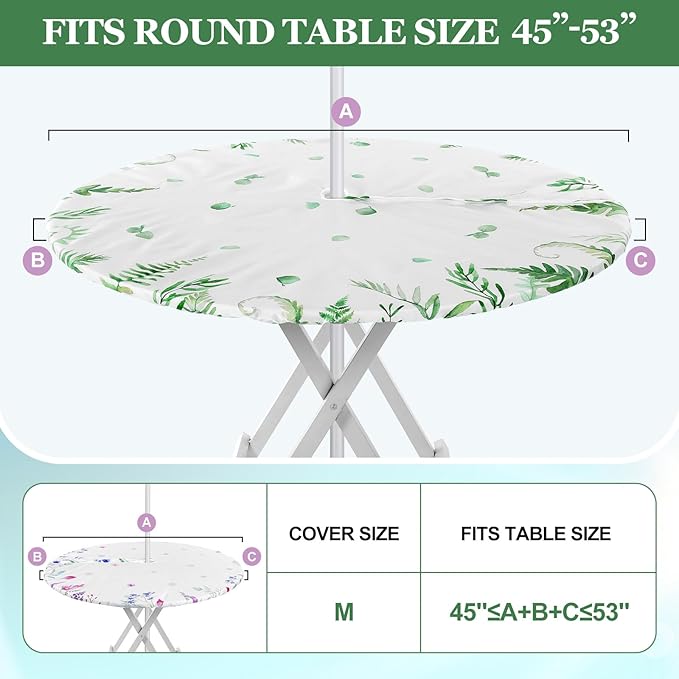2 Pcs Round Outdoor Tablecloth with Umbrella Hole - Anti-Wrinkle Polyester Tablecloth with Elastic Zipper Table Cover for Summer Patio Camping Party(45''-53'',Leaf and Floral)