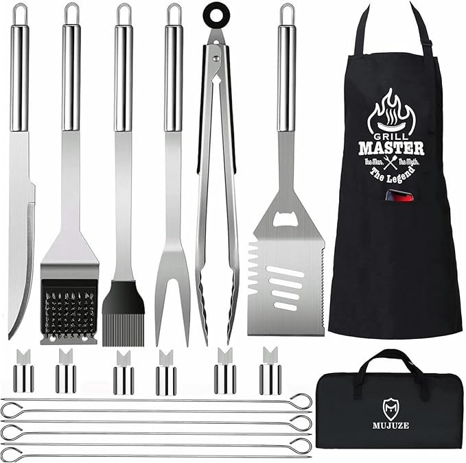 MUJUZE Grilling Accessories,20pcs BBQ Accessories Set,Grilling Gifts for Men Dad Fathers Day,Stainless Steel BBQ Tools for Men with Apron,Grill Tools Set for Outdoor,Camping,Backyard