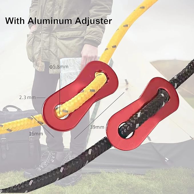 8 Pack 4mm Guy Lines Ultralight Tent Cords with Aluminum Adjuster Tensioner Outdoor Camping Guylines Ropes for Tent Tarp,Climbing,Hiking Backpacking (Yellow)