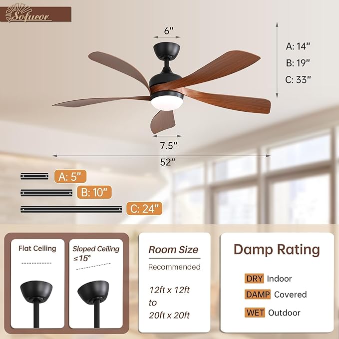 Sofucor 52 Inch Ceiling Fans with Lights and Remote, Outdoor Ceiling Fan with Light 6-Speed 3 CCT 3-Timer, Low Profile Ceiling Fan 5 Blade Reversible DC Motor for Living Room Bedroom Patio