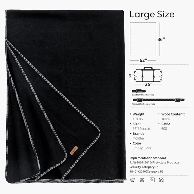 100% Wool Blanket, 62" x 86", Warm, Thick, Washable, Military Wool Blanket, Great for Camping, Outdoors, Sporting Events, Survival Kits,Carbon Black