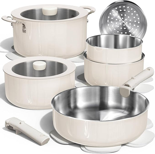 CAROTE 14pcs Pots and Pans Set, Stainless Steel Cookware Set Detachable Handle, Induction Kitchen Cookware Sets with Removable Handle, RV Cookware Set, Oven Safe, Camping Cookware, White