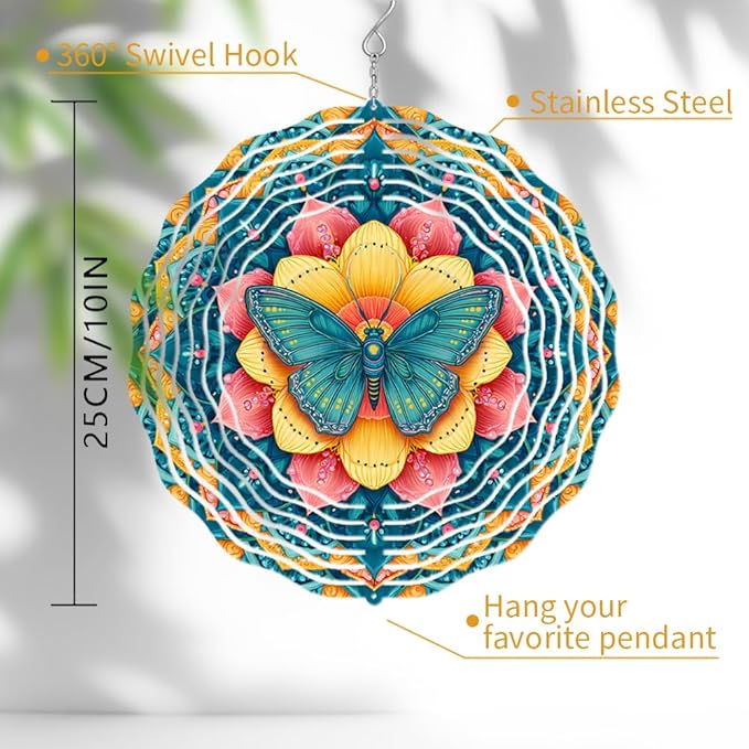 3D Wind Spinner for Garden - 10inch Stainless Steel with Double-Sided UV Printing | High-Resolution Images | Weather-Resistant Outdoor Spinning Decor for Patio, Yard & Gifts (Butterfly)