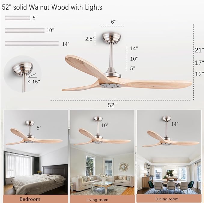 52" Wood Ceiling Fan No Lights with Remote Control,Wooden 3 Blades Ceiling Fans Without Light for Patio,Garage,Living Room,Bedroom,Office,Indoor/Outdoor(Nickel+Raw wood)