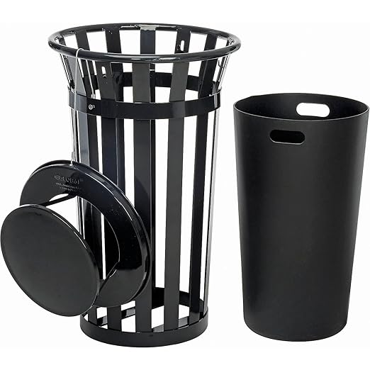 Global Industrial 24 Gallon Heavy-Duty Outdoor Metal Slatted Round Trash Receptacle with Rain Bonnet Lid, Powder Coat Finish, 23" Diameter x 41-3/4"H, Black
