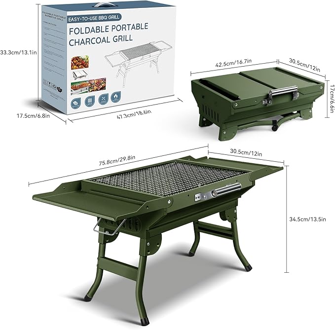 Portable Charcoal Grill Foldable Grills BBQ Grill Charcoal Small Grill for Travel, Camping, Outdoor Cooking, Backyard, Hiking, Patio Garden, Picnics, Green