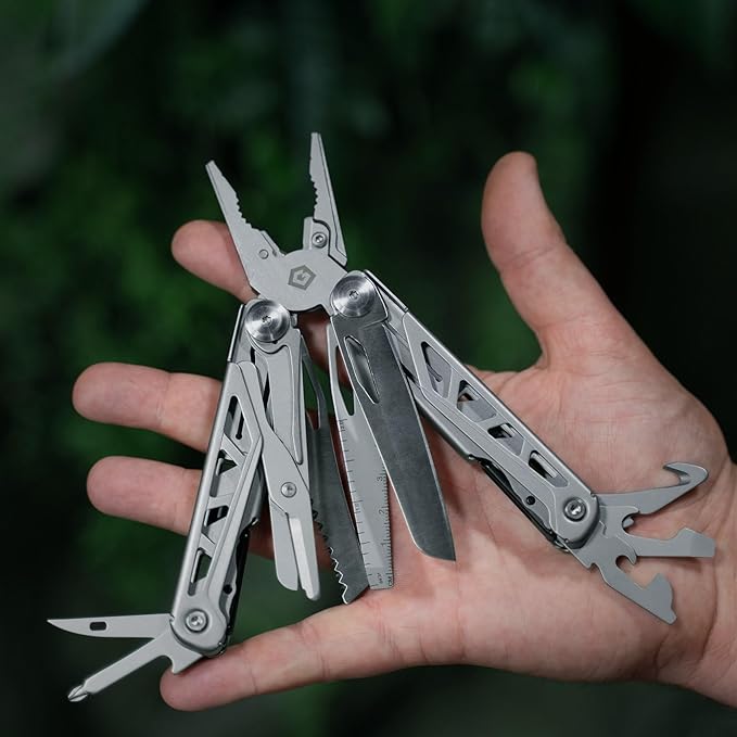 GRITR 13-in-1 Stainless Steel EDC Multitool w/Nylon Sheath - Outdoor Tool w/Needle Nose Pliers, Pocket Knife, Scissors, Bottle Opener, Cutters - Camping Hiking Fishing Survival Gear