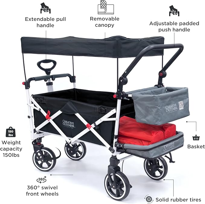 Creative Outdoor Wagon for Kids Push Pull Collapsible Stroller with Canopy Folding Cart | Titanium Series Plus | Beach, Park, Garden (Black & Grey)