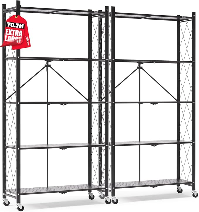 ALANNG 70.7" H Metal Storage Shelves, 5 Tier Folding Shelf on Wheels, Heavy Duty, No Assembly, Rolling, Collapsible Rack Unit for Kitchen, Basement, Pantry (Black,2 Pack)