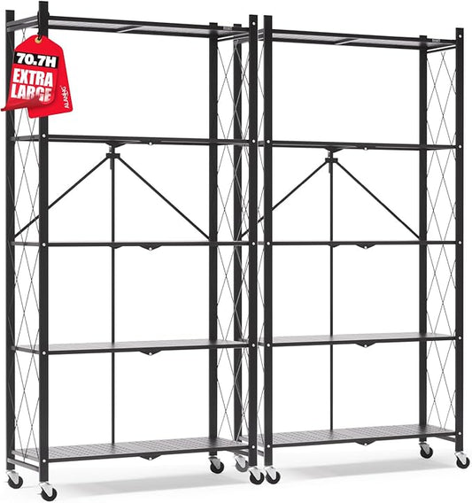 ALANNG 70.7" H Metal Storage Shelves, 5 Tier Folding Shelf on Wheels, Heavy Duty, No Assembly, Rolling, Collapsible Rack Unit for Kitchen, Basement, Pantry (Black,2 Pack)