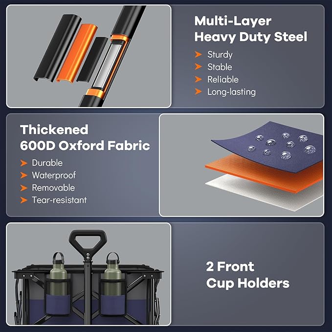 220L Collapsible Wagon Cart Foldable, 460LB Load Capacity Heavy Duty Folding Beach Wagons with Big All-Terrain Wheels, Utility Carts for Groceries, Camping, Sports - Grey&Purple