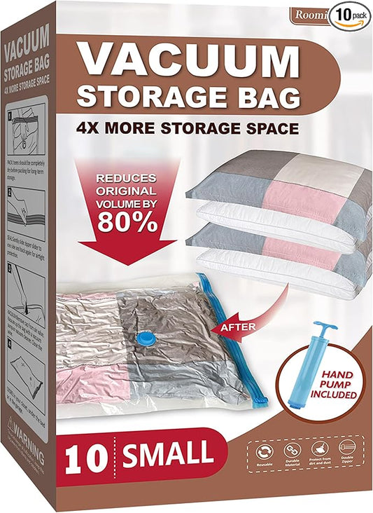 10 Small Vacuum Storage Bags with Travel Hand Pump, Small Vacuum Seal Bags for Clothing, Space Saver Bags for Clothes