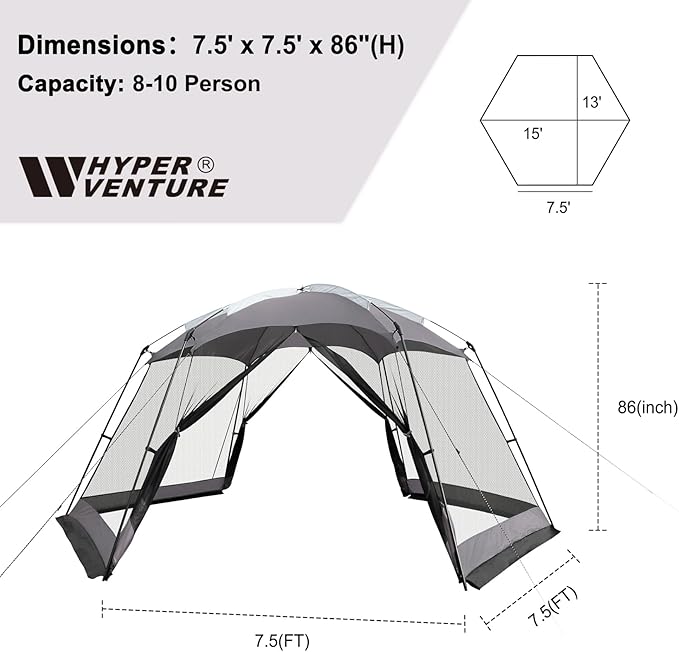 Hyper Venture Screen House 15x13 FT Mesh Canopy Tent Camping Gazebo Shelter for 8-10 People Outdoor Party Activities