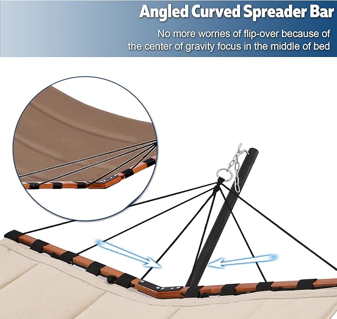 TegerDeger 12FT 2 Person Hammock with Stand Included 55 x 79IN Large Hammock 450LB Capacity with Hardwood Spreader Bar & Nylon Rope for Outside, Patio, Garden, Backyard, Beach, Poolside - Brown