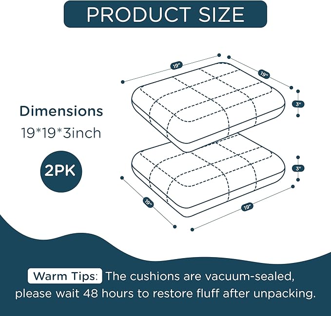 Codi Patio Chair Cushions 19x19 Inch, Waterproof Seat Cushion for Outdoor Furniture with Textured Fabric, Handles & Adjustable Straps, Fade Resistant - Set of 2, Navy Blue