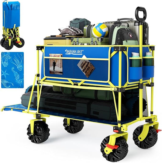 400L Collapsible Double Decker Beach Wagon with Brakes, Folding Beach Cart with 54" Extra Long Decker, 450LBS Heavy Duty Wagon Chart with All-Terrain Big Wheels for Sand Camping Garden