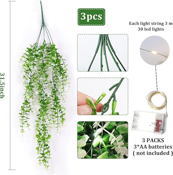 Hanging Monkey Grass Artificial Plants with Lights Outdoor Faux Hanging Plants Indoor Artificial Hanging Plants Wall Decor Fake Hanging Planta for Wall House Room Patio Bedroom Decoration(White)