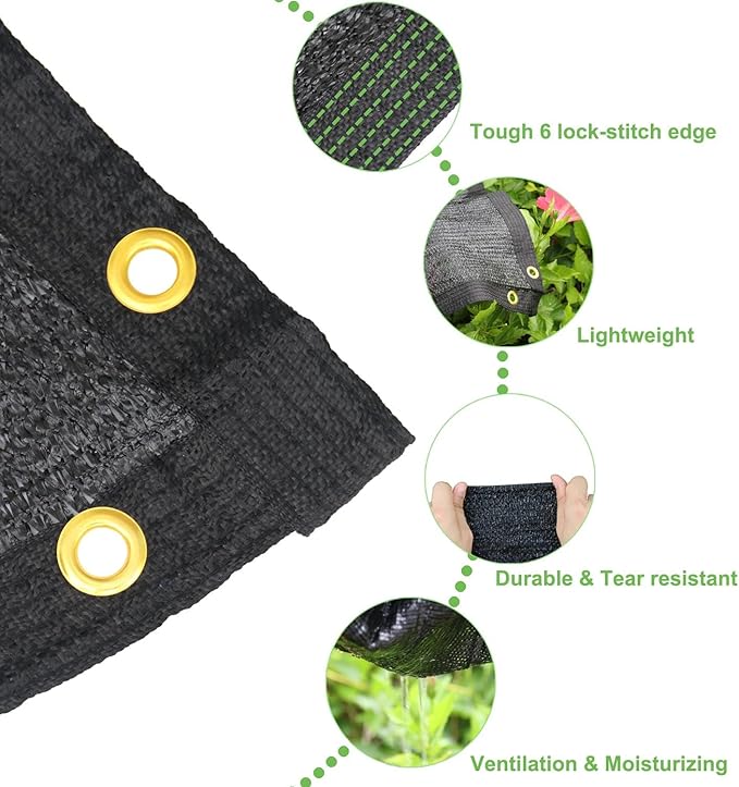 Garden 70% Shade Cloth, 10 x 20 FT Black Sun Shade Net, Mesh Sun Shade Tarp with Reinforced Brass Grommets, Sunblock Shade Cloths for Plants Cover, Greenhouse, Patio, Chicken Coop, Tomatoes