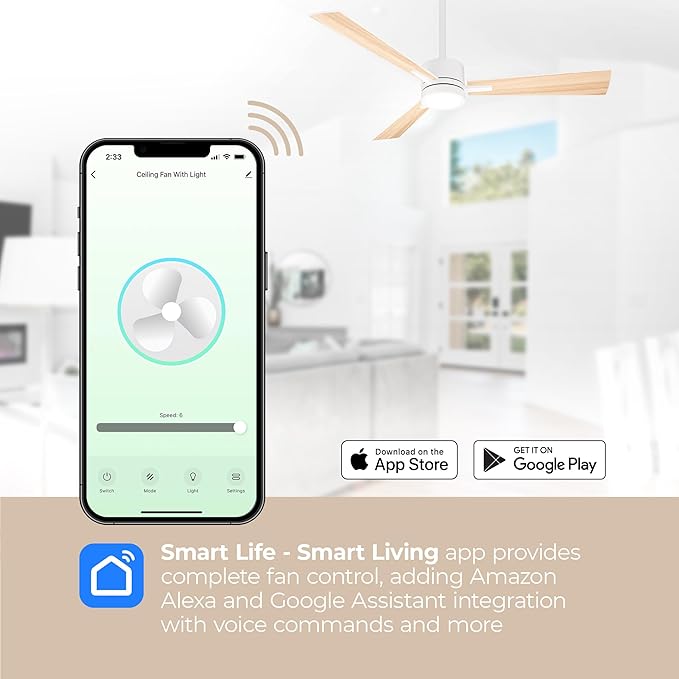 Bali Smart 3-Blade 52in Ceiling Fan 2700K-6000K CCT Selectable LED Light Kit with Remote Control and Black Hardware with Reversible Blades in Weathered Wood or Black Works With iOS or Android App