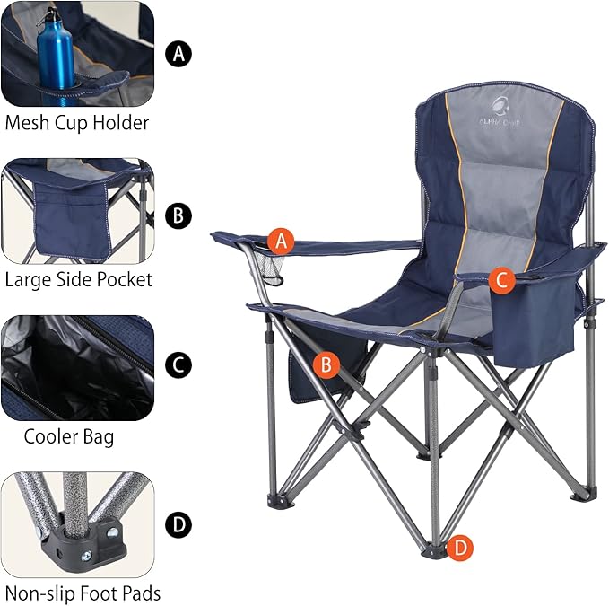 ALPHA CAMP Oversized Folding Camping Chair, Heavy Duty Portable Lawn Chairs with Cooler Bag, Side Pocket & Cup Holder, Folding Chairs for Outside Support 450 LBS