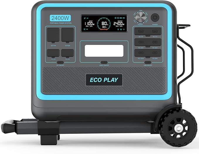 Eco Play SYD2400 Portable Power Station with Trolley, 2048Wh LiFePO4 Battery Backup, 2400W Solar Genarator with 500W Solar Input, Adjustable Input Power for Camping, Power Outages