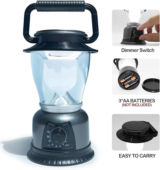 Retro LED Lantern 2-Pack, 360° COB 120 LM, Stepless-Dimming Battery Powered Camping & Hurricane Light, AA Batteries, Emergency/Power Outage (Grey-2 Pack)