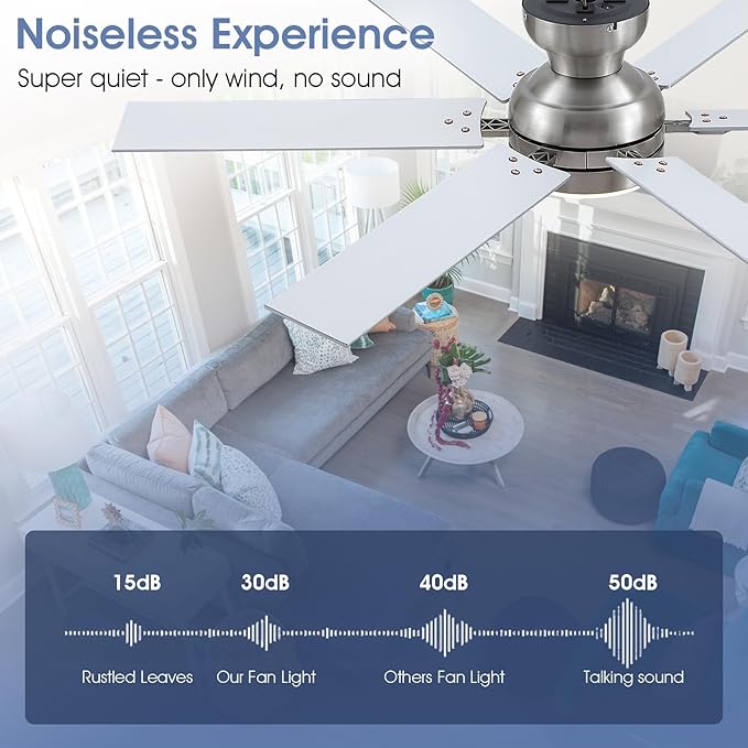 52" Low Profile Ceiling Fans with Lights and Remote, Modern Indoor Ceiling Fans with 3 Colors 6 Speeds, Flush Mount Fan Light Indoor & Outdoor, Reversible DC Motor,Sand Nickel