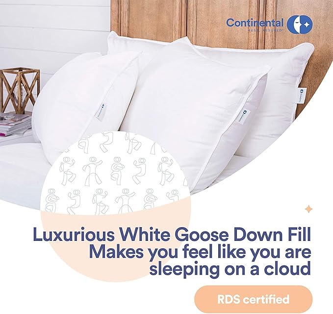 Continental Bedding | Serenity Goose Down Pillow | 700 Fill Power Hungarian White Down | 400TC Cotton Damask Shell | Made in USA | Medium, Standard (Pack of 2), 2 Count