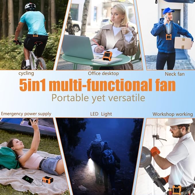 CAZOKASI Personal Fan 10000mAh Waist Clip Portable Rechargeable Wearable Hand Free, 6-40hours Wearable Cooler for Traveling Working Outdoor Office (10000mAh / Orange)