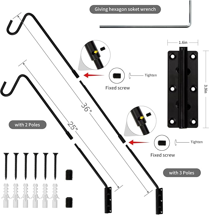 Juegoal Heavy Duty Deck Hook, 25 Inch to 36 Inch Wall Mounted Extended Reach Deck Hook Wall Pole Plant Bracket for Hanging Bird Feeder, Plants, Suet Baskets, Lanterns, Wind Chimes
