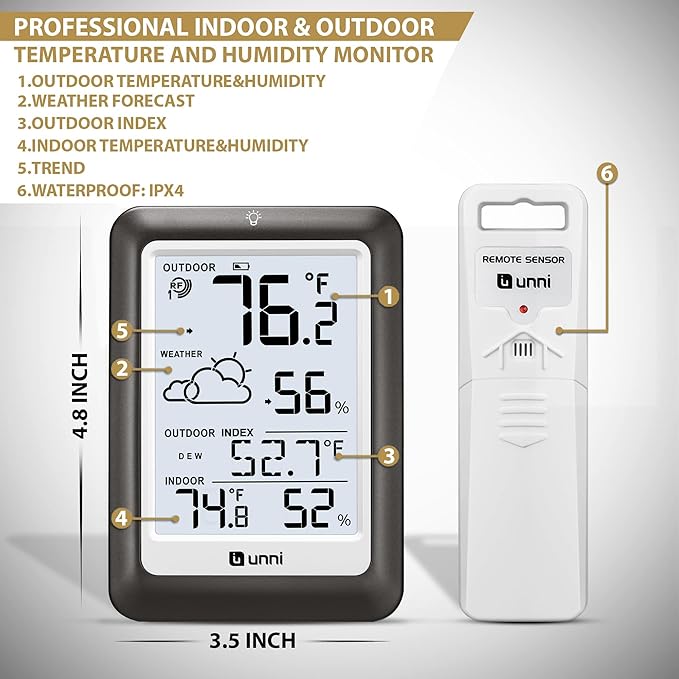 Indoor Outdoor Thermometer Wireless Weather Station, Temperature Humidity Monitor Battery Powered Inside Outside Thermometers with 330ft Range Remote Sensor and Backlight Display（Metal Black）
