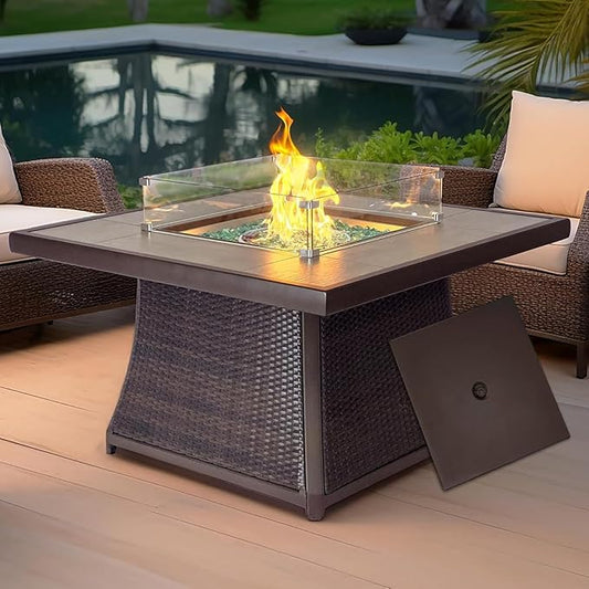 42" Propane Fire Pit Table, Patio Dining Fire Pit Table, 50,000BTU CSA Certified, Tile, Aluminum, & Wicker Details, with Lid&Wind Guard, Outdoor Fire Pit Accessories Included, for Garden, Yard