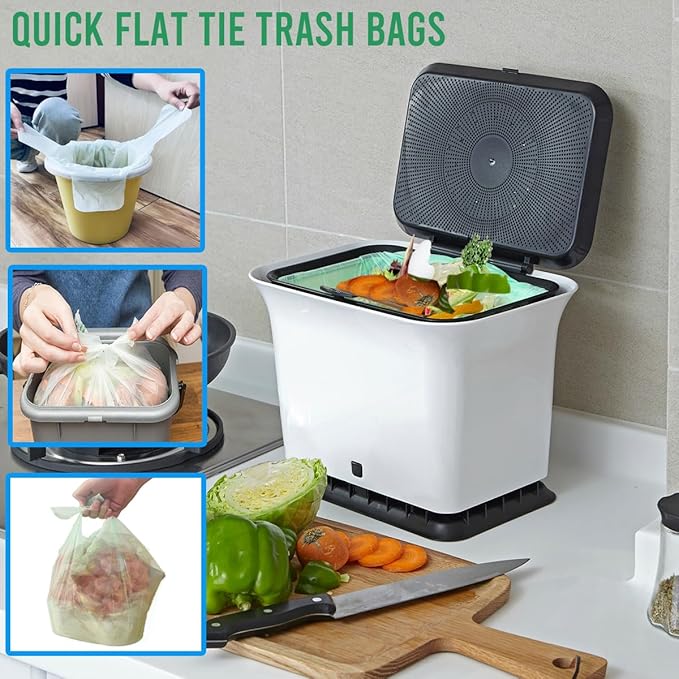 3 Gallon Flap Tie Compostable Trash Bags, 300 Count Small Compost Bags, Biodegradable Kitchen Garbage Bags, Food Scrap Waste Bags for Countertop Bin, ASTM D6400, US BPI Certified