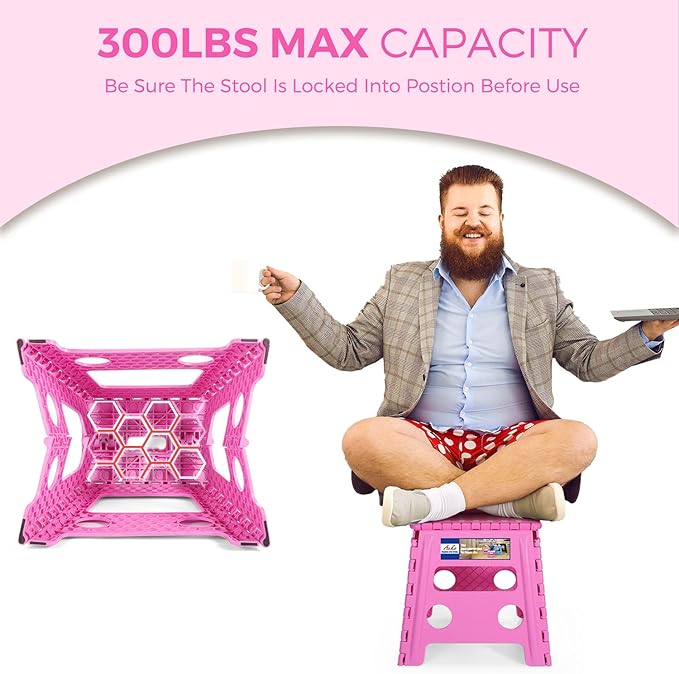ACKO Folding Step Stool - 13 inch Height Premium Heavy Duty Foldable Stool for Kids and Adults, Kitchen Garden Bathroom Stepping Stool (Pink)