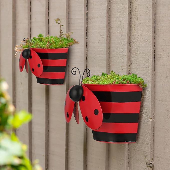 BAYN Set of 2 Ladybug Wall Hanging Planter Decor Art, Metal Wall Mounted Planters Garden Yard Decorative Flower Pot Indoor Outdoor Wall Planter Succulent Plant Container