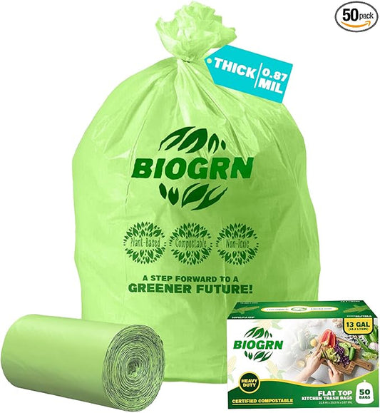 10-13 Gallon Compostable Trash Bags with Flat-Top 50 Bags Thick 0.87 Mil, 49.21 Liter, Tall Kitchen Food Scrap Waste Compost Bag, ASTM D6400, US BPI and OK Compost Home Certified