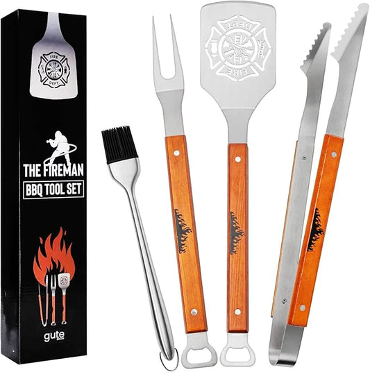 Firefighter Gifts for Men - Large BBQ Grilling Set, 4-Piece Heavy Duty Stainless Steel Tools with Bottle Opener - Fireman, Fire Department, First Responder Flag Gift